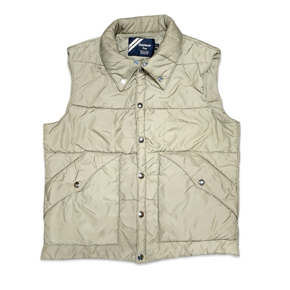 Vintage Sears Outerwear Vest Insulated 80s Nylon Mens M Beige Hunting Outdoors